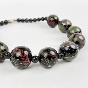 Necklace Large Wooden Beads Black Green Red Floral Lacquer Finish Statement Boho